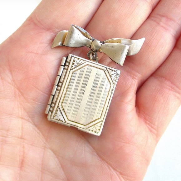 Sterling Silver Dangling Book Locket & Bow Pendant Brooch - 1 3/8" Tall - Picture 11 of 11